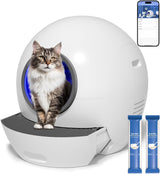 Self Cleaning Cat Litter Tray Automatic Cats Litter Box with Door 60L Smart Robot Litter Tray with APP Safety Protection, Smart Closed Cats Toilet with 2x Cat Litters)