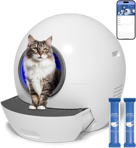 Self Cleaning Cat Litter Tray Automatic Cats Litter Box with Door 60L Smart Robot Litter Tray with APP Safety Protection, Smart Closed Cats Toilet with 2x Cat Litters)