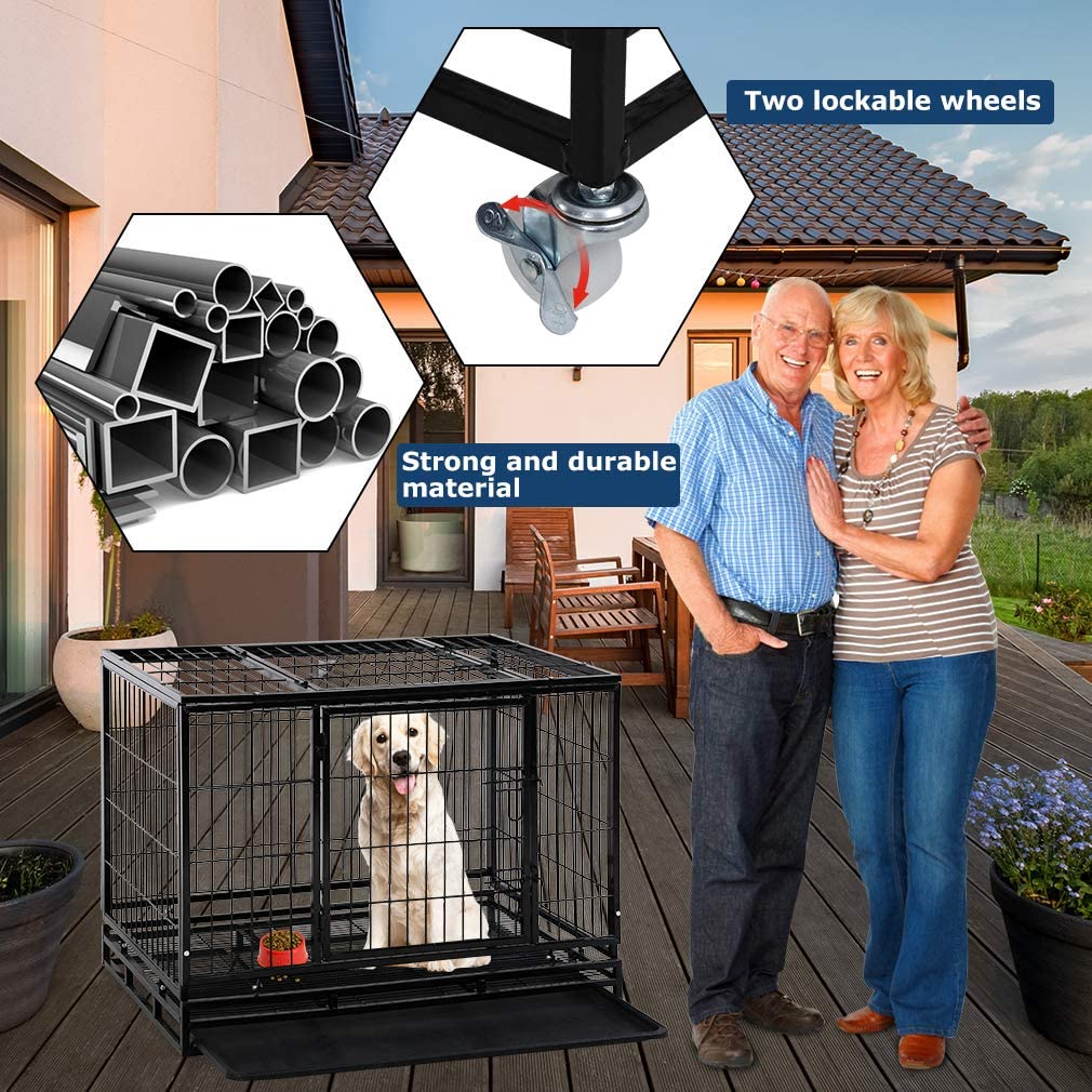 Dog Crate Cage For Large Dogs Heavy Duty 36 Inches Dog Kennel Pet Playpen For Training Indoor Outdoor With Plastic Tray Double Doors & Locks Design