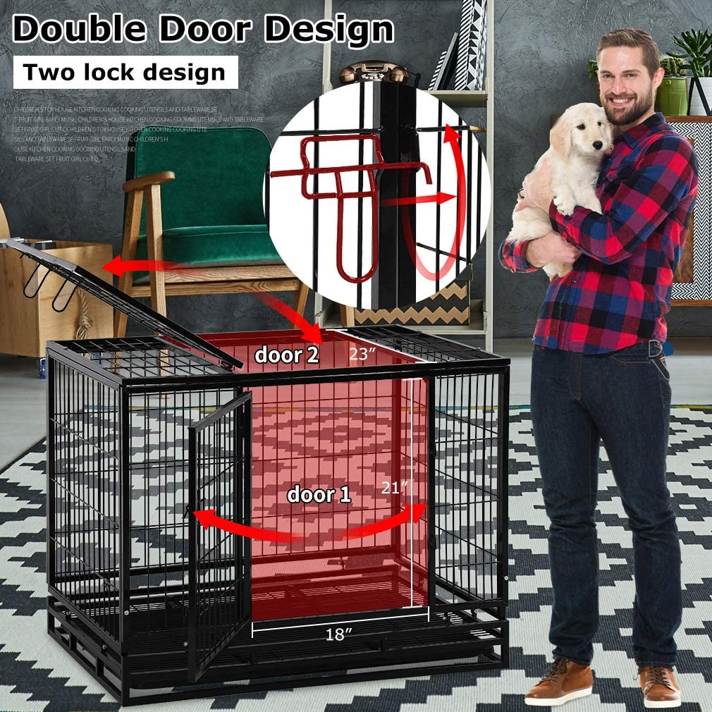 Dog Crate Cage For Large Dogs Heavy Duty 36 Inches Dog Kennel Pet Playpen For Training Indoor Outdoor With Plastic Tray Double Doors & Locks Design