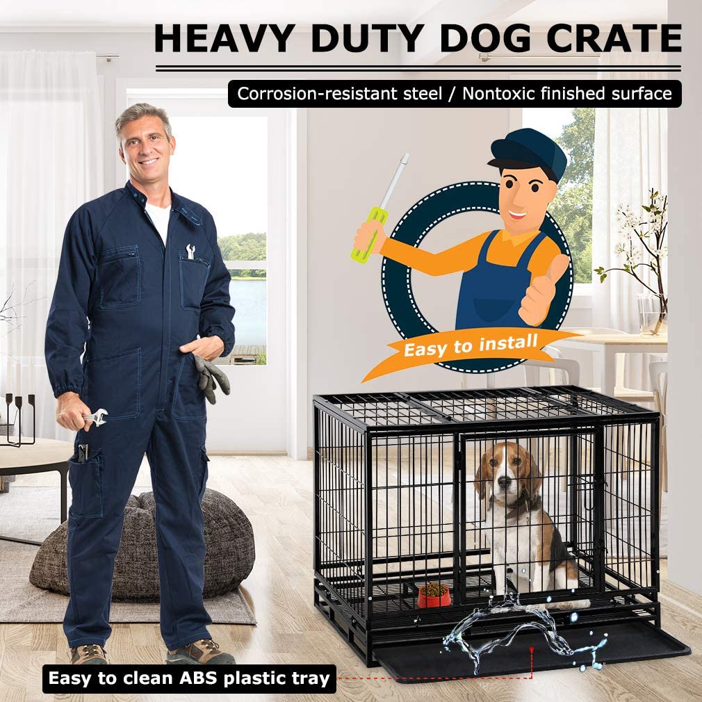 Dog Crate Cage For Large Dogs Heavy Duty 36 Inches Dog Kennel Pet Playpen For Training Indoor Outdoor With Plastic Tray Double Doors & Locks Design