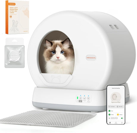 Self Cleaning Cat Litter Tray, Integrated Safety Protection Automatic Cat Litter Tray for Multiple Cats, Extra Large/Odor Removal/APP Control Smart Robot Tray with Mat & Liner