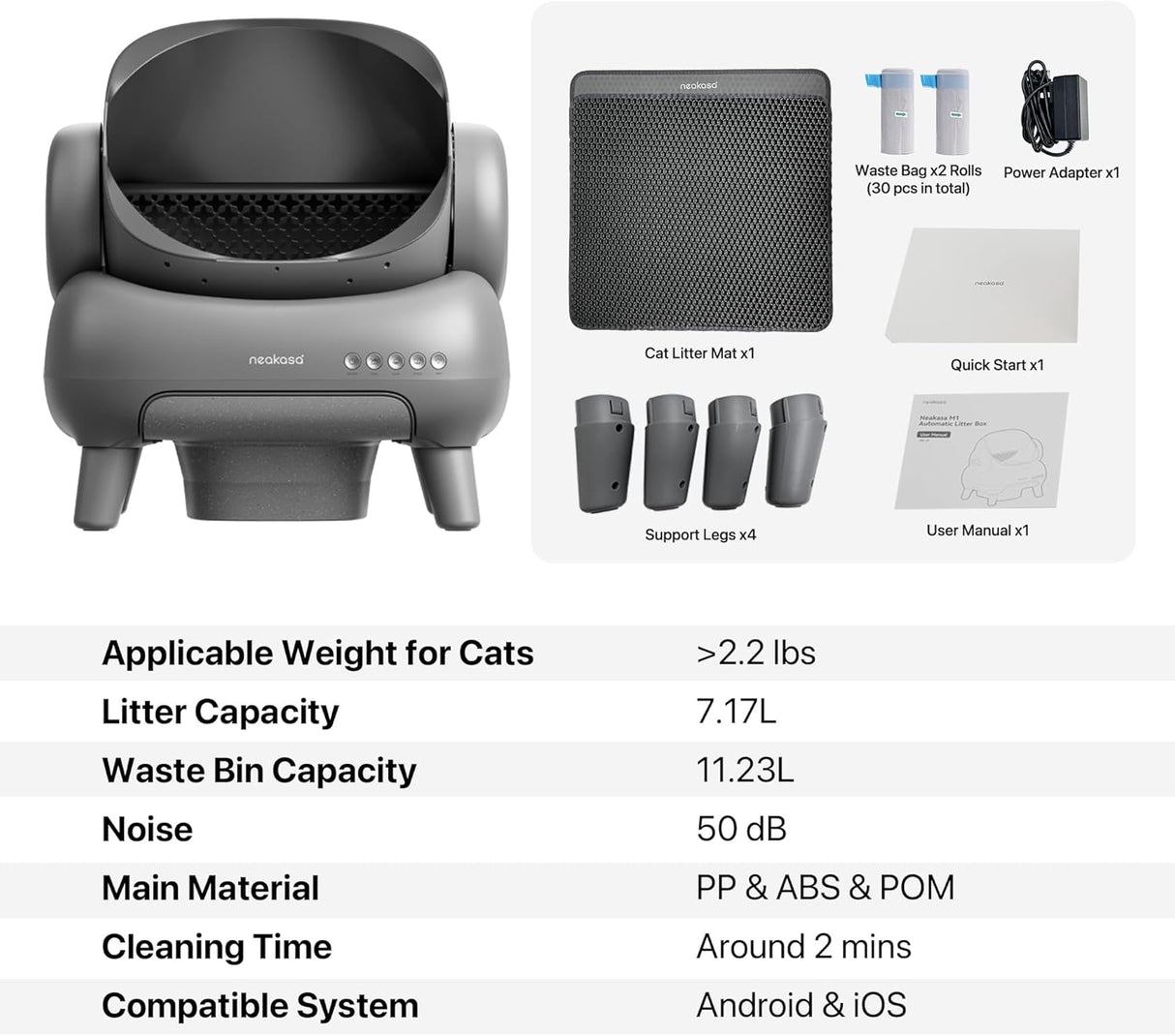 M1 Open-Top Self Cleaning Cat Litter Box, Automatic Cat Litter tray with APP Control, Odor-Free Waste Disposal Includes Trash Bags and Mat