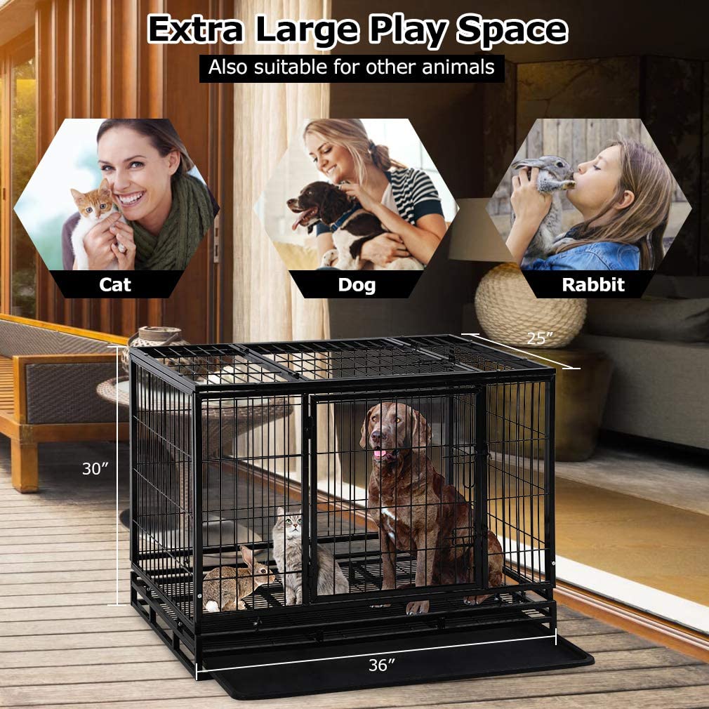 Dog Crate Cage For Large Dogs Heavy Duty 36 Inches Dog Kennel Pet Playpen For Training Indoor Outdoor With Plastic Tray Double Doors & Locks Design