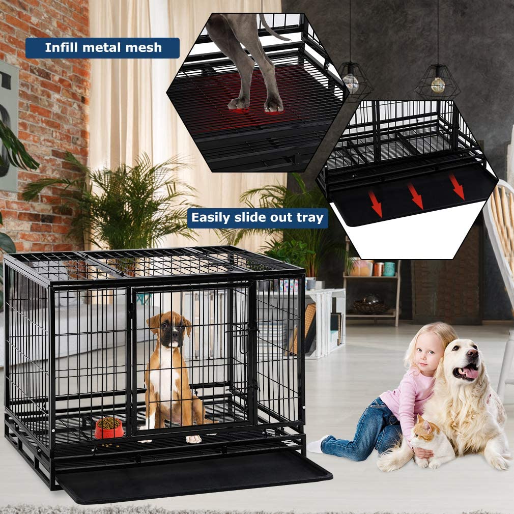 Dog Crate Cage For Large Dogs Heavy Duty 36 Inches Dog Kennel Pet Playpen For Training Indoor Outdoor With Plastic Tray Double Doors & Locks Design